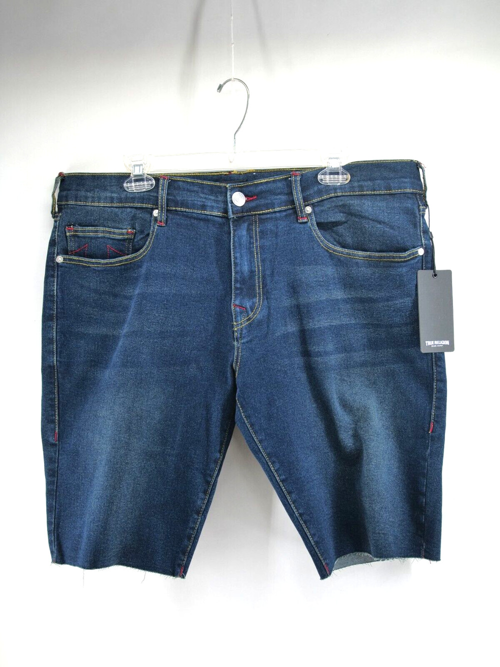 True Religion Men 38 Ricky Relaxed Straight Leg Denim Shorts Raw Hem 108384 Dark